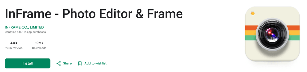 InFrame photo editor with collage layouts and social media frames